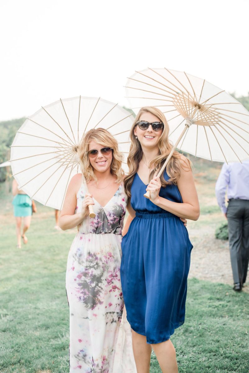 foto de duas mulheres usando óculos escuros e vestido branco e uma de vestido azul em uma celebração de casamento no campo