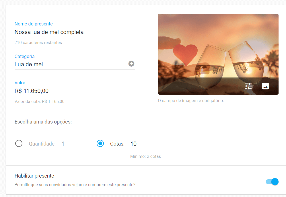 screenshot de opção de cota para lua de mel completa