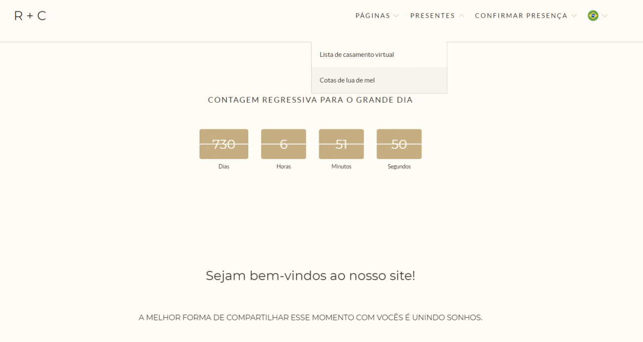 screenshot de uma página de site de casamento com a opção de cotas de lua de mel