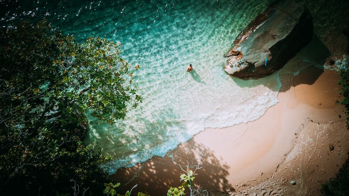 Imagem de cima de um mar verde com uma pessoa dentro 