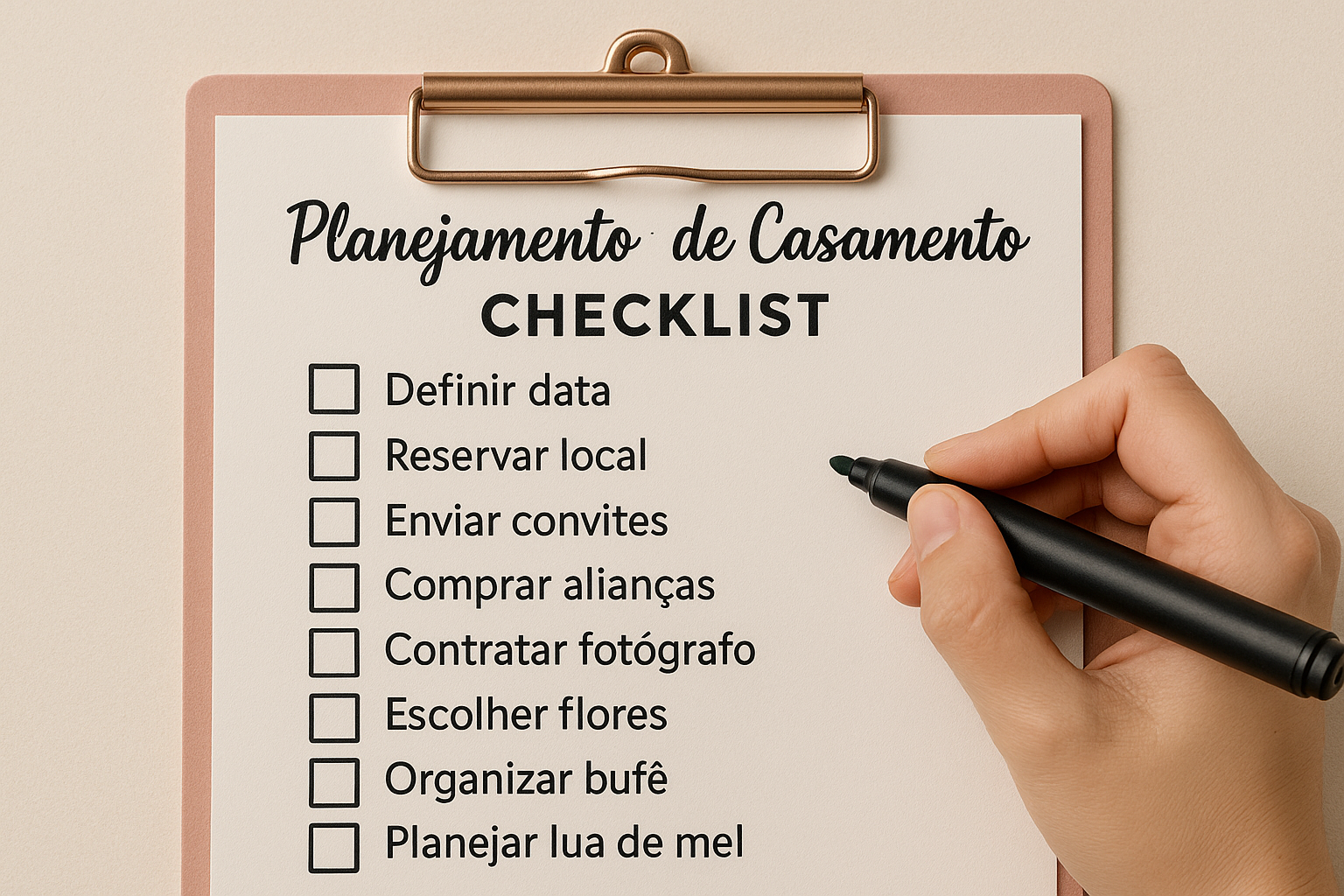 Checklist com os principais itens para organizar um casamento.