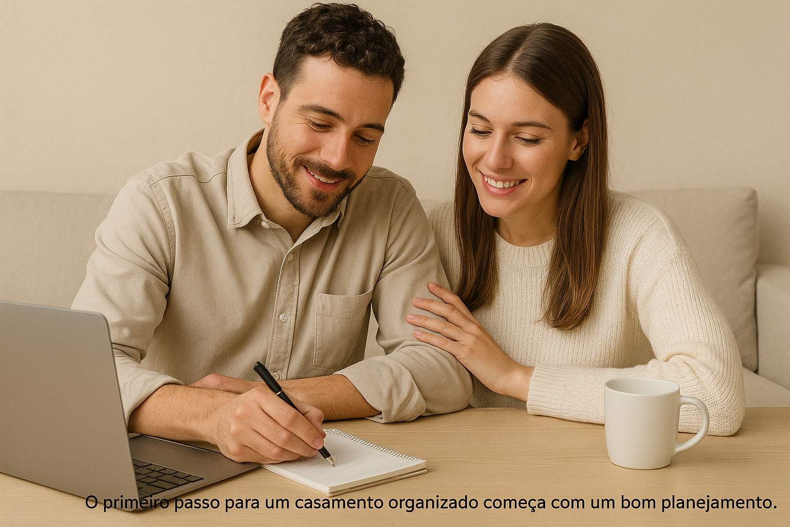 Casal planejando os primeiros detalhes do casamento.