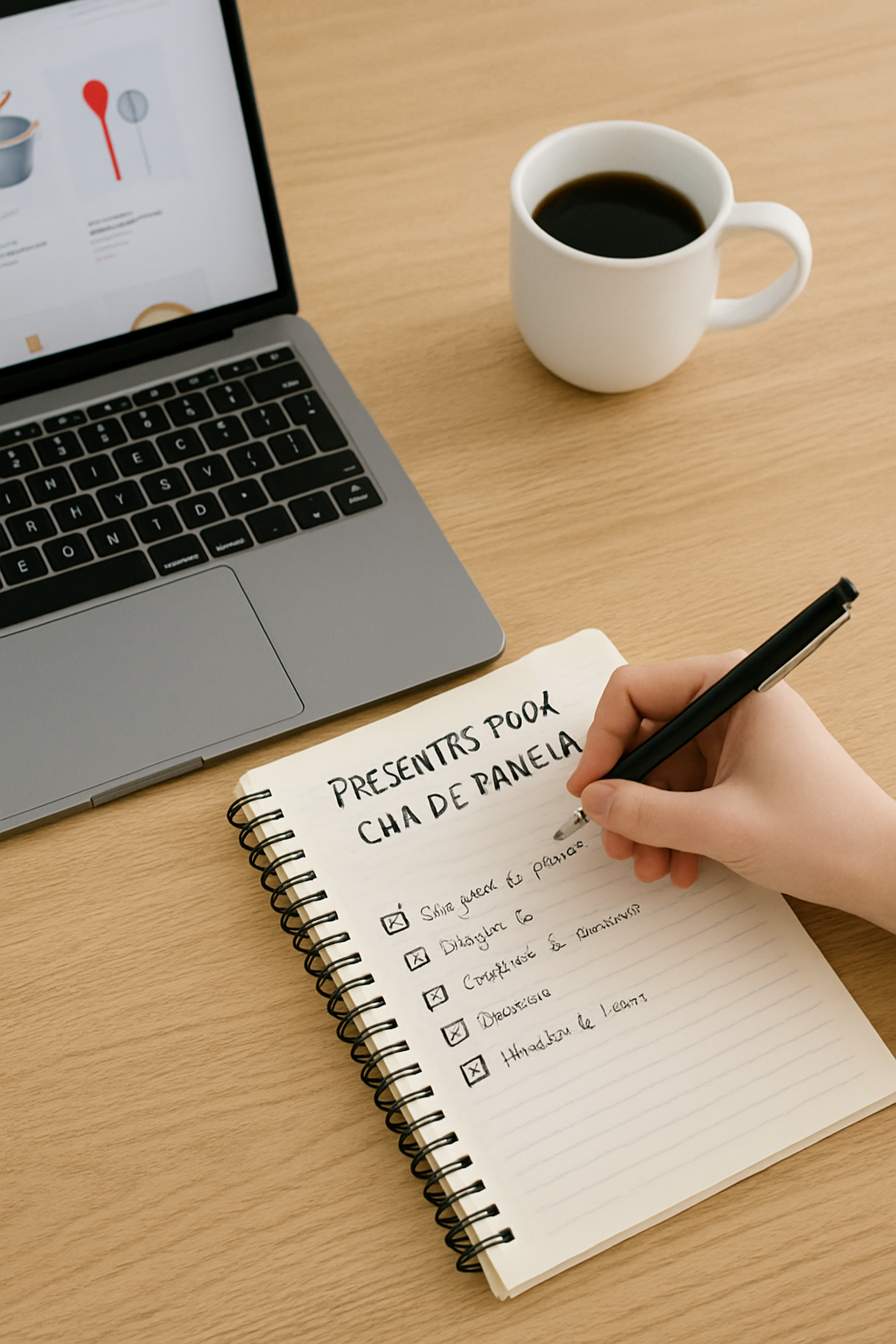  “Caderno com anotações de presentes para chá de panela ao lado de um notebook”