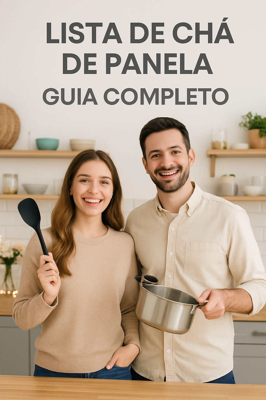 “Casal feliz organizando lista de chá de panela na cozinha”