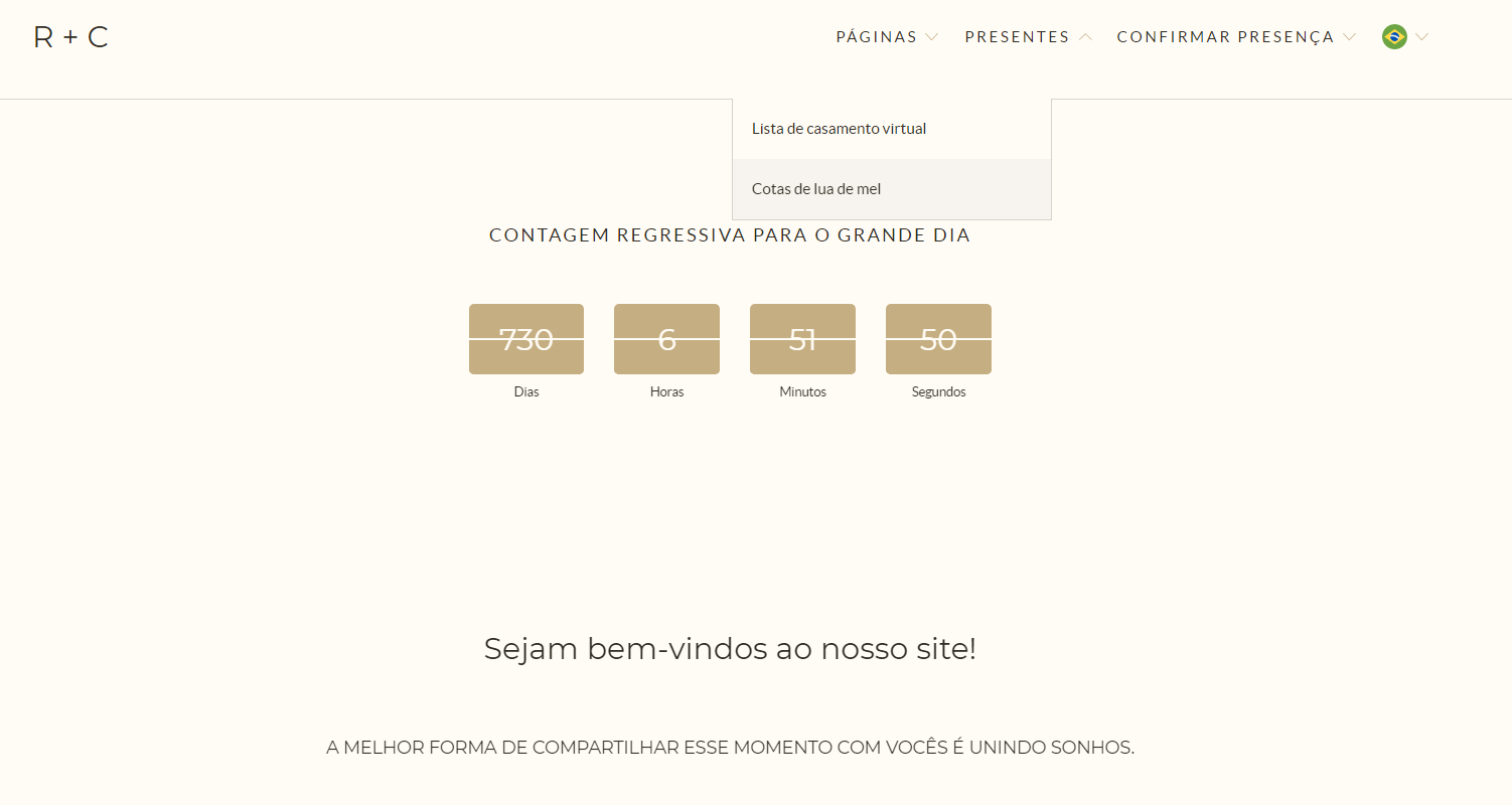 screenshot de uma página de site de casamento com a opção de cotas de lua de mel